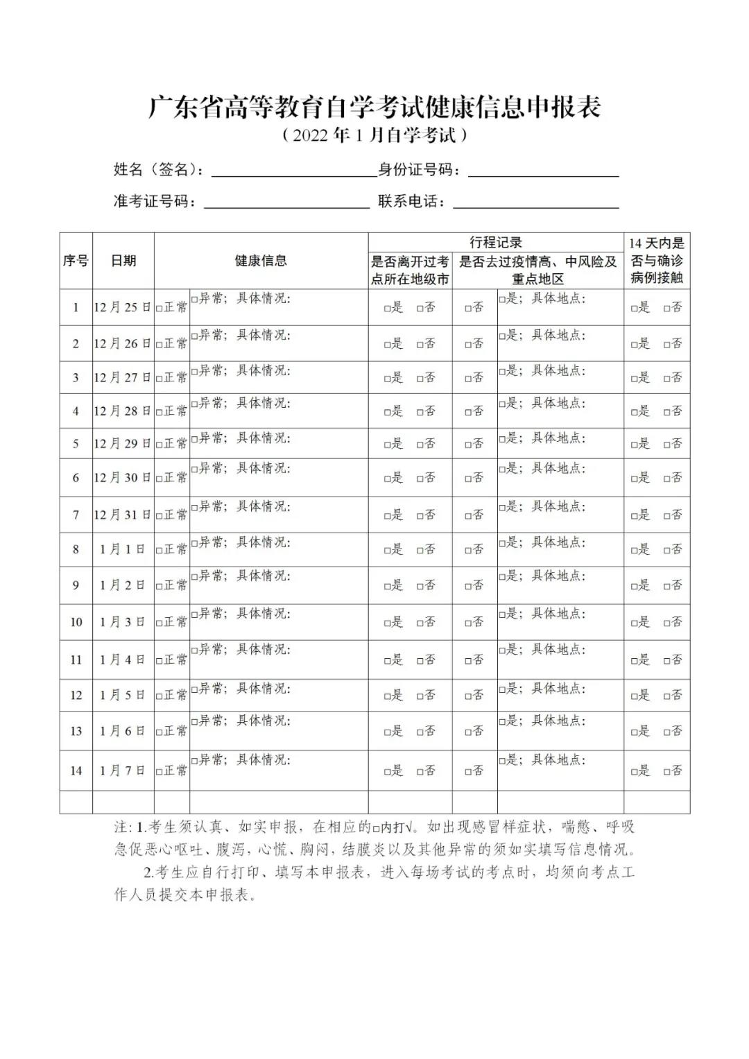 2022年1月廣東自考防疫須知